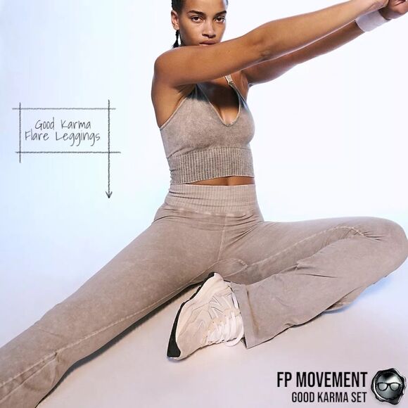 FP MOVEMENT GOOD KARMA SET: CROP TANK BRA + FLARE LEGGINGS IN MUSHROOM & GREEN - Picture 9 of 15